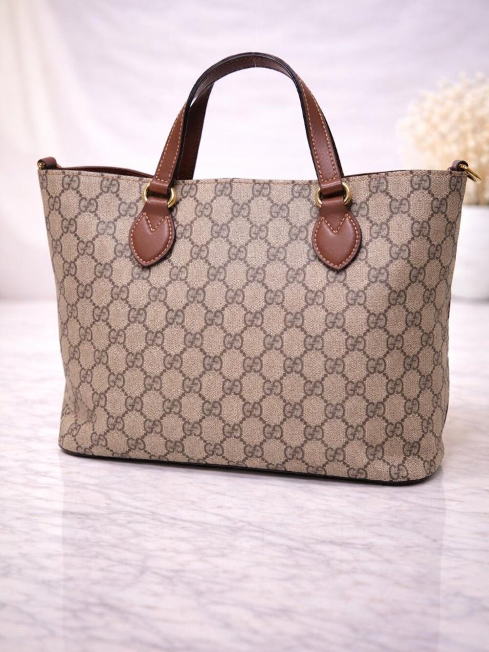 Authentic Gucci GG Canvas Tote Bag Brown Leather Trim Large Shopper Luxury